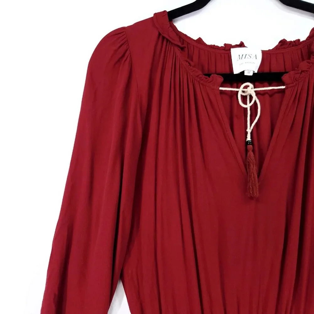 Misa Los Angeles Lorena Mini Dress Medium Tiered Long Sleeve V-Neck Red